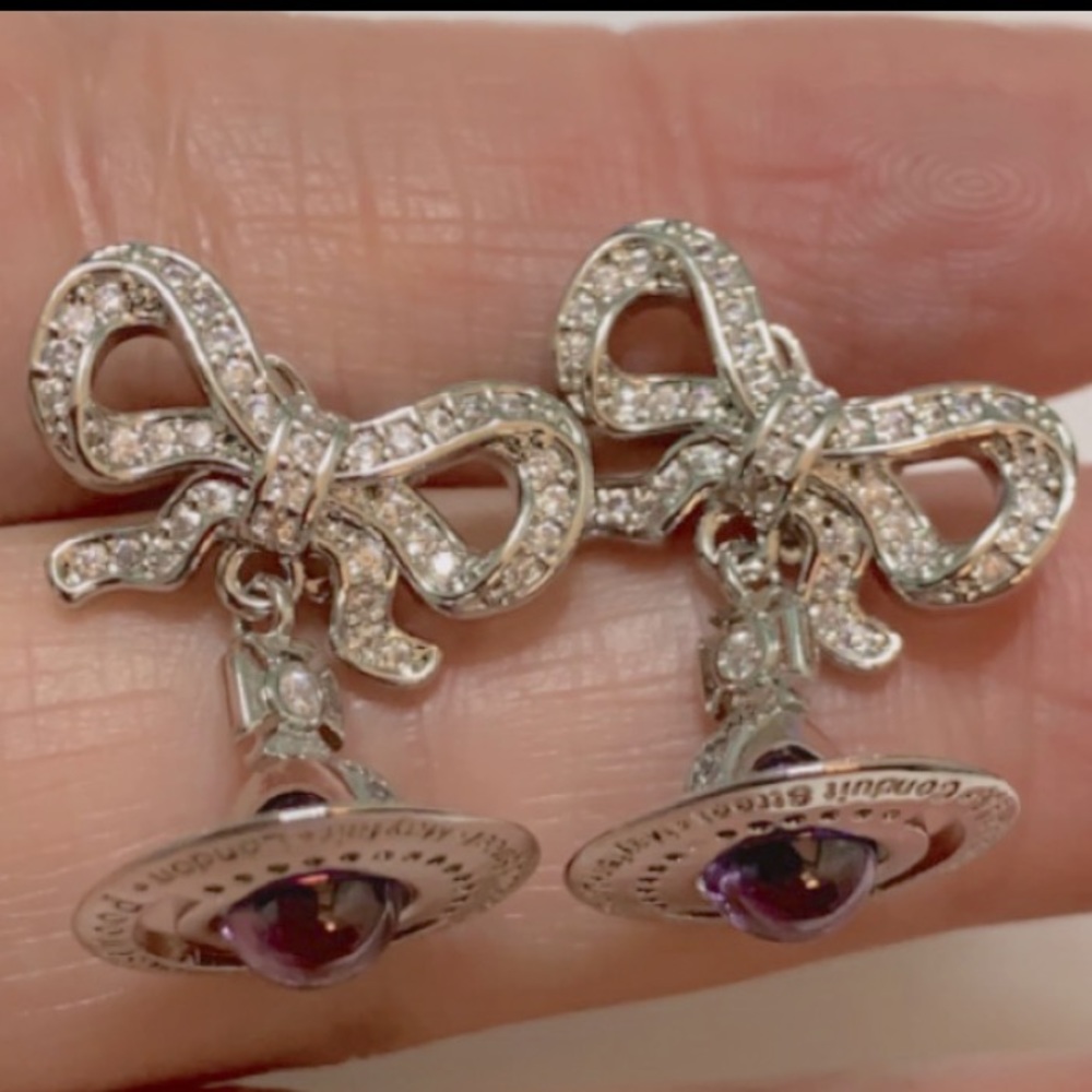 silver tone signature Orb Drop of crystal Bow small earrings - Picture 10 of 10